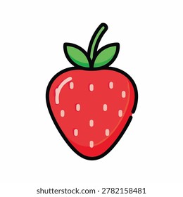 A red strawberry illustration with a thick black outline, green leaves, and small yellow seeds on a white background.