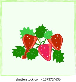 Red strawberry and leaves - hand drawn cartoon color illustration