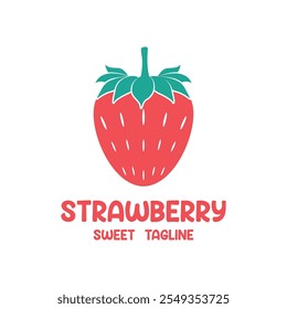 Red strawberry logo or icon. Natural organic fresh berry. Summer fruit background. Vegetarian cafe, poster, card and brand company.