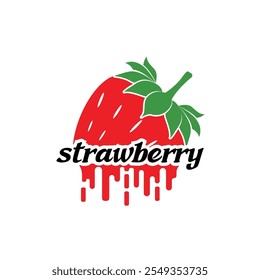 Red strawberry logo or icon. Natural organic fresh berry. Summer fruit background. Vegetarian cafe, poster, card and brand company.