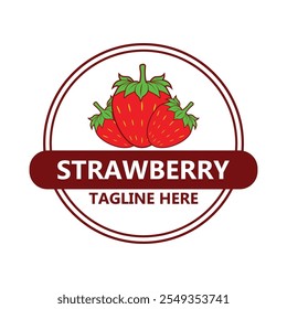 Red strawberry logo or icon. Natural organic fresh berry. Summer fruit background. Vegetarian cafe, poster, card and brand company.