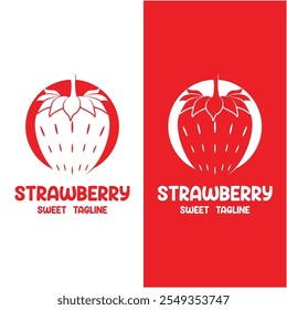 Red strawberry logo or icon. Natural organic fresh berry. Summer fruit background. Vegetarian cafe, poster, card and brand company.