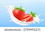 Red strawberry in a milk splash isolated on blue background. Fresh strawberry dropping into milk or yogurt splash. Milkshake splash with ripe strawberry. Realistic 3d vector illustration