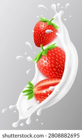 Red strawberry in a milk splash isolated on gray background. Fresh strawberry dropping into milk or yogurt splash. Milkshake splash with ripe strawberry. Realistic 3d vector illustration