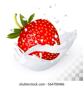 Red strawberry in a milk splash on a transparent background. Vector.