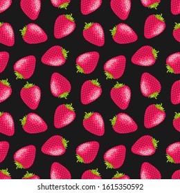red strawberry on black background.  seamless pattern. Texture for fabric, wrapping, wallpaper. Decorative print.