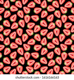 red strawberry on black background.  seamless pattern. Texture for fabric, wrapping, wallpaper. Decorative print.