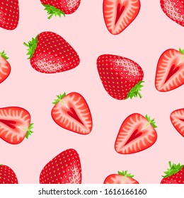 red strawberry on pink background.  seamless pattern. Texture for fabric, wrapping, wallpaper. Decorative print.