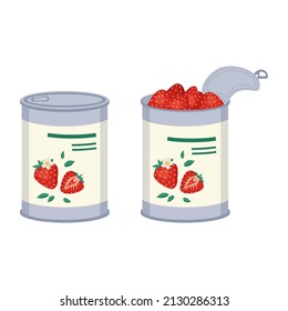 Red strawberry in open and closed tin. Ready made sweet food, delicious berry dessert. Vector flat illustration