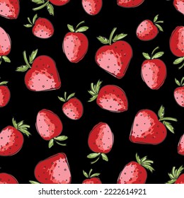 Red strawberry pattern. Strawberries on a black background. Seamless berry pattern
