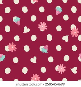 Red strawberry pattern vector. Polka dot has a youthful style. Good for fabric, wallpaper, background, fashion, etc.