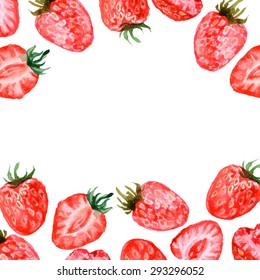 Red Strawberry Pattern. Vector Watercolor Background.