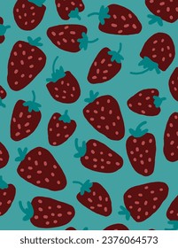Red Strawberry patterns on green background for web banner, business presentation, branding package, fabric print, wallpaper, social media post, doodle, notes, book covers, wall decor.
