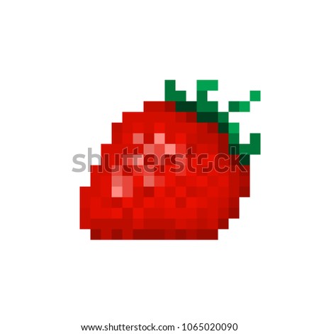 Red strawberry, pixel art icon isolated on white background. Jam sticker. Garden berry symbol. Fruit emblem. Erotic sex shop logo.Retro 80s,90s video game graphics. Old school 8 bit slot machine icon.