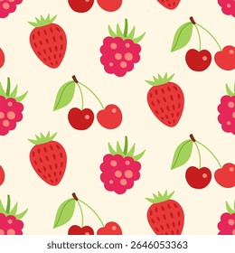 Red strawberry, raspberry cute cartoon berries seamless pattern background vector illustration. Wallpaper texture. Hand drawn repeat print, packaging design. 
