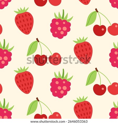 Red strawberry, raspberry cute cartoon berries seamless pattern background vector illustration. Wallpaper texture. Hand drawn repeat print, packaging design. 
