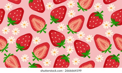 Vermelho morango sem empacotamento padrão de impressão, tecido, papel de parede, têxtil, fundo, desenho plano desenhos animados vetor ilustração