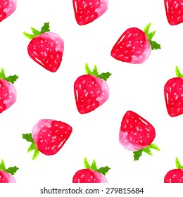 Red Strawberry Seamless Pattern. Vector Watercolor Background.