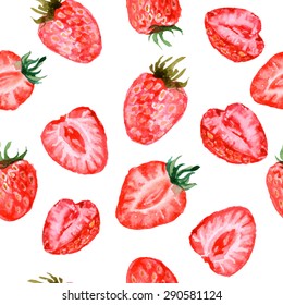 Red Strawberry Seamless Pattern. Vector Watercolor Background.