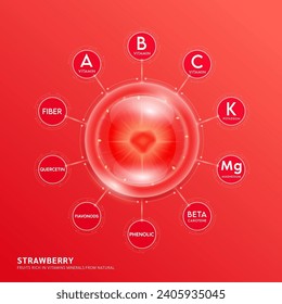 Baraja de fresa roja en burbuja. Frutas ricas en vitaminas minerales de la naturaleza. Colágeno de vitamina C, calcio de potasio, hierro con beta caroteno esencial para el cuidado de la piel y el cuerpo. EPS10 vectores.