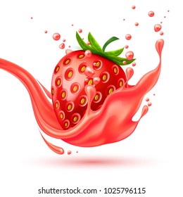 Red strawberry slice juice splash realistic vector. 3d berry fruit liquid, summer tropical vacation drink symbol Fresh vitamin sweet liquid flowing in motion, isolated background illustration