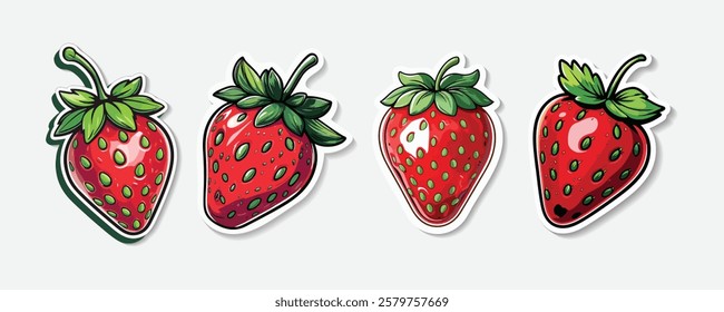 Red Strawberry sticker set. Realistic whole red berries groups. Sweet Fresh fruit vector illustration. 