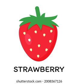 Red strawberry, vector illustration in cartoon flat stye. Food and berry concept. Print for recipes, restaurant, supermarket, market place. Vegetarian fresh food product for sticker, grocery shop