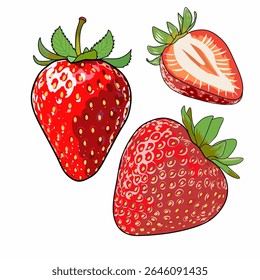Red strawberry vector illustration, isolated on white background, sweet and vibrant design element, perfect for food, dessert, and summer-themed projects. Fresh fruit icon.