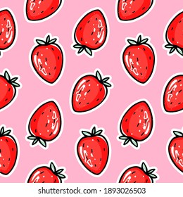 Red strawberry vector seamless pattern. Berry repeat background. Summer fruits print. Cute cartoon style. Colorful illustration for wrapping paper, packaging, fabric.