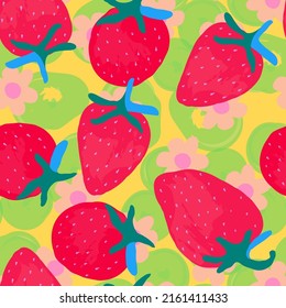 Red Strawberry Vector Seamless Pattern. Cartoon Summer Flower Print. Drawing Sweet Fruity Wallpaper. Colorful Fruit Spring Background.