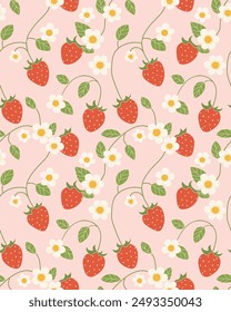 
Red Strawberry and white flowers. seamless pattern for decorating all fashion designs, fabrics, wallpapers and prints. on a light pink background