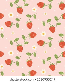 Red Strawberry and white flowers. seamless pattern for decorating all fashion designs, fabrics, wallpapers and prints. on a light pink background