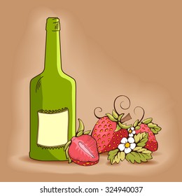 Red strawberry with yellow kernels, leaves, stalk, flowers and tendrils.  A strawberry cut in half. Green bottle with halftones There are label. Beige/brawn background. Vector outline image.