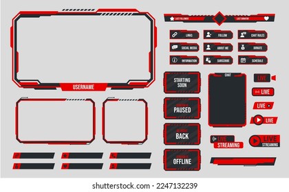 Red stream overlay theme. Webcam border, game screen template and donation panel. Stream is offline, paused and starting soon vector set. Display frames with different menu buttons