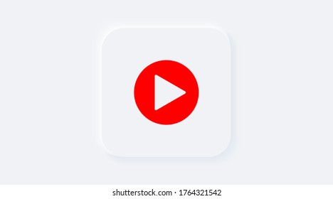 Red stream play icon. Bright white gradient square button. Internet symbol broadcasting, online stream on a background. Neumorphic effect streaming icon