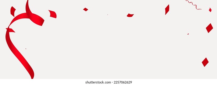 Red Streamer Paper Vector Panoramic Grey Background. Celebration Ribbon Template. Star Party Branch. Scarlet Isolated Poster.