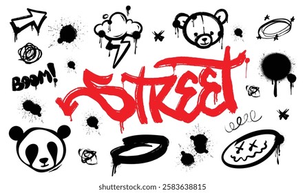 Red Street Art Graffiti Collection Featuring Pandas and Bears