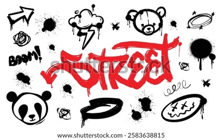 Red Street Art Graffiti Collection Featuring Pandas and Bears