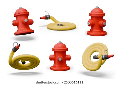 Red street fire hydrant, hose. Set of detailed realistic objects in different positions