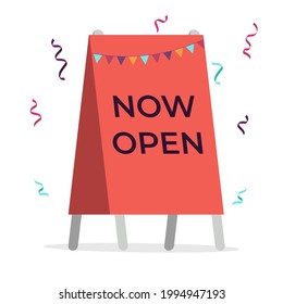 Red street sign with black text we are open and colorful confetti. Open business, restaurant, cafe, shop or store vector flat illustration. Advertising promotion stand isolated on white background.