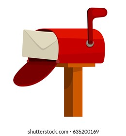 Red Street wall open mail box with post in flat vector style for web or illustration