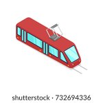 Red streetcar isolated isometric 3D icon. City public transport, town vehicle, urban and countryside traffic vector illustration.