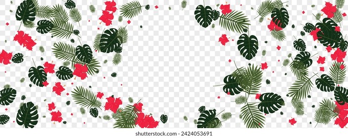 Red Strelitzia Background Transparent Vector. Flower Vacation Backdrop. Orange Tree. Retro Illustration. Yellow Branch Frame.