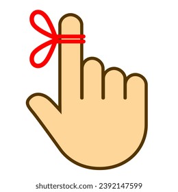 Red string around finger, don't forget concept on white background, vector flat illustration of reminder symbol