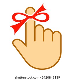 Red string around finger, reminder icon isolated on white background. Don't forget flat illustration