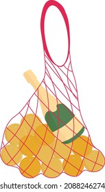 Red string bag with tangerines and a bottle of champagne