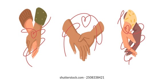 Red string bonding couple holding hands. Vector isolated set of people, girlfriend and boyfriend on date. Dating man and woman, connection and romantic feelings of male and female characters