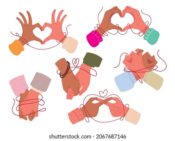 red string of destiny hands cartoon, set