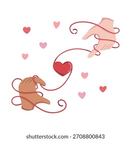 Red string of fate tying heart hands, destined love, romantic illustration