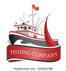 A red stripe boat on ocean. logo for fishing company